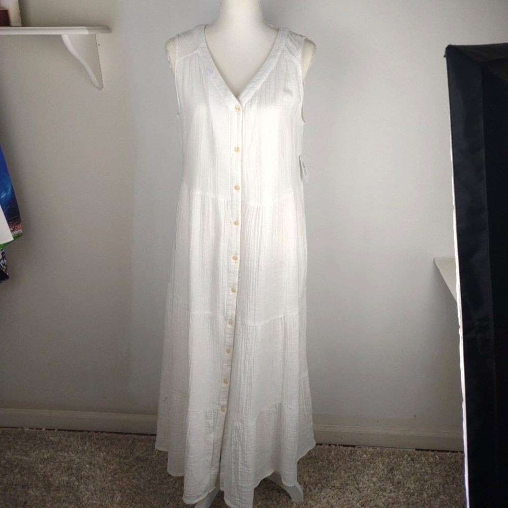 Style & Co. White Sleeveless V-Neck Button Down Sundress Size M